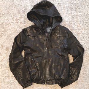 Lucky Brand Leather Hooded Bomber Jacket Sz XS